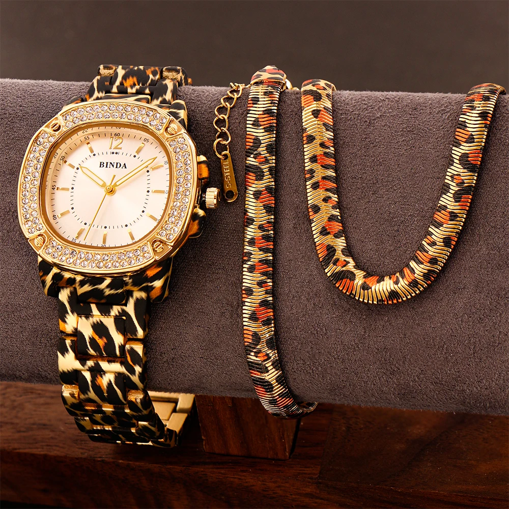 

Binda Luxury Women’s Leopard Quartz Watch Gift Set with Leopard Bracelet & Necklace, 36mm Roman Dial, Fashion Jewelry Box