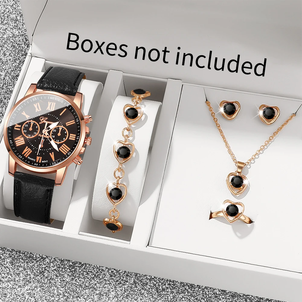6PCS/Set Fashion Women's Quartz Watch Leather Band Analog Wrist Watches Heart Rhinestone Jewelry Set(Without Box)