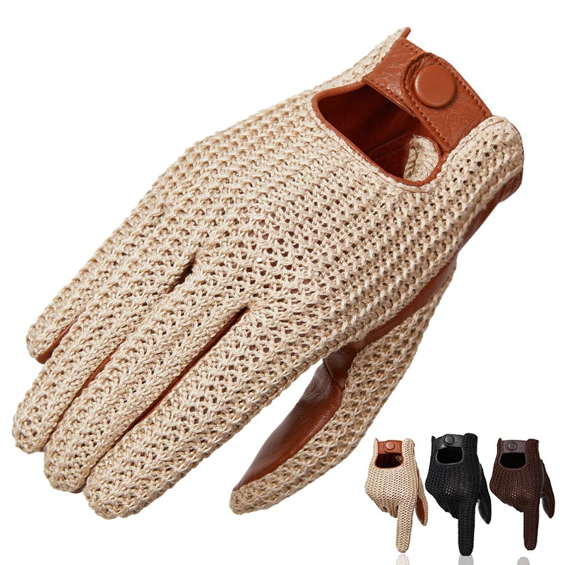 Autumn Winter Men\'s Wool Knitted Goatskin Touch Screen Gloves Locomotive mitten Car Driving Genuine Leather Motorcycle Gloves