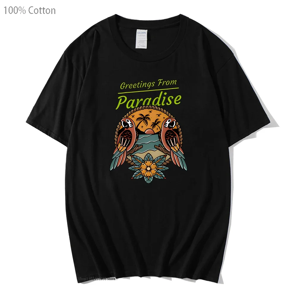 

Greetings From Paradise T-Shirt Cartoon Graphic T-shirts 100%Cotton Tshirts High Quality Summer Clothes Streetwear Women Men Tee