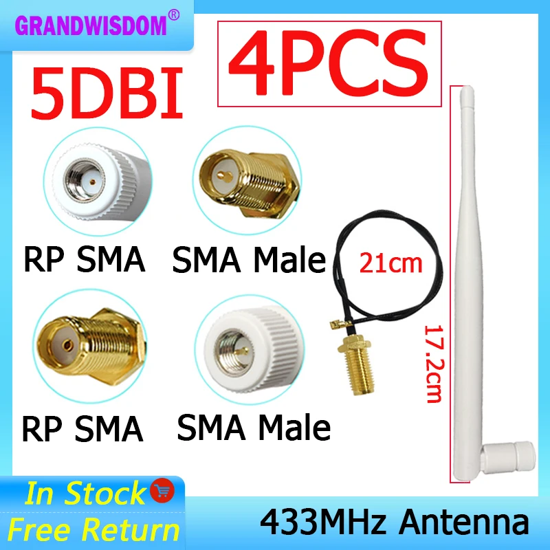 

GRANDWISDOM 4 шт. 433 МГц антенна 5dbi sma male lora antene iot модуль lorawan antene ipex 1 SMA женский удлинительный кабель с косичкой