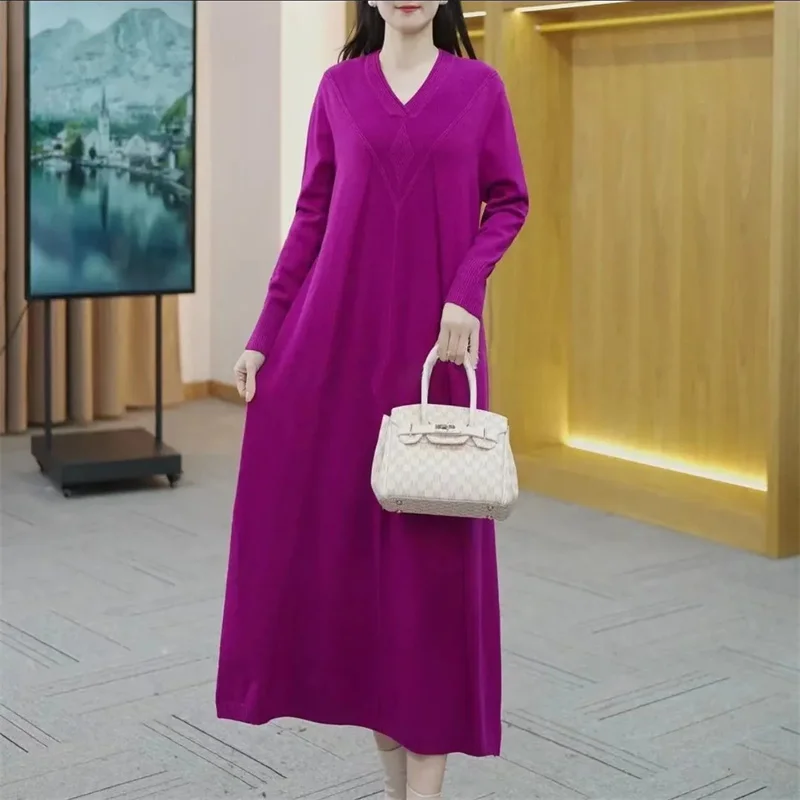 Autumn Winter New Internet Celebrity Loose Slim Knitted Woolen Dress Fashionable Middle aged Women's Long Over Knee Bottom Shirt