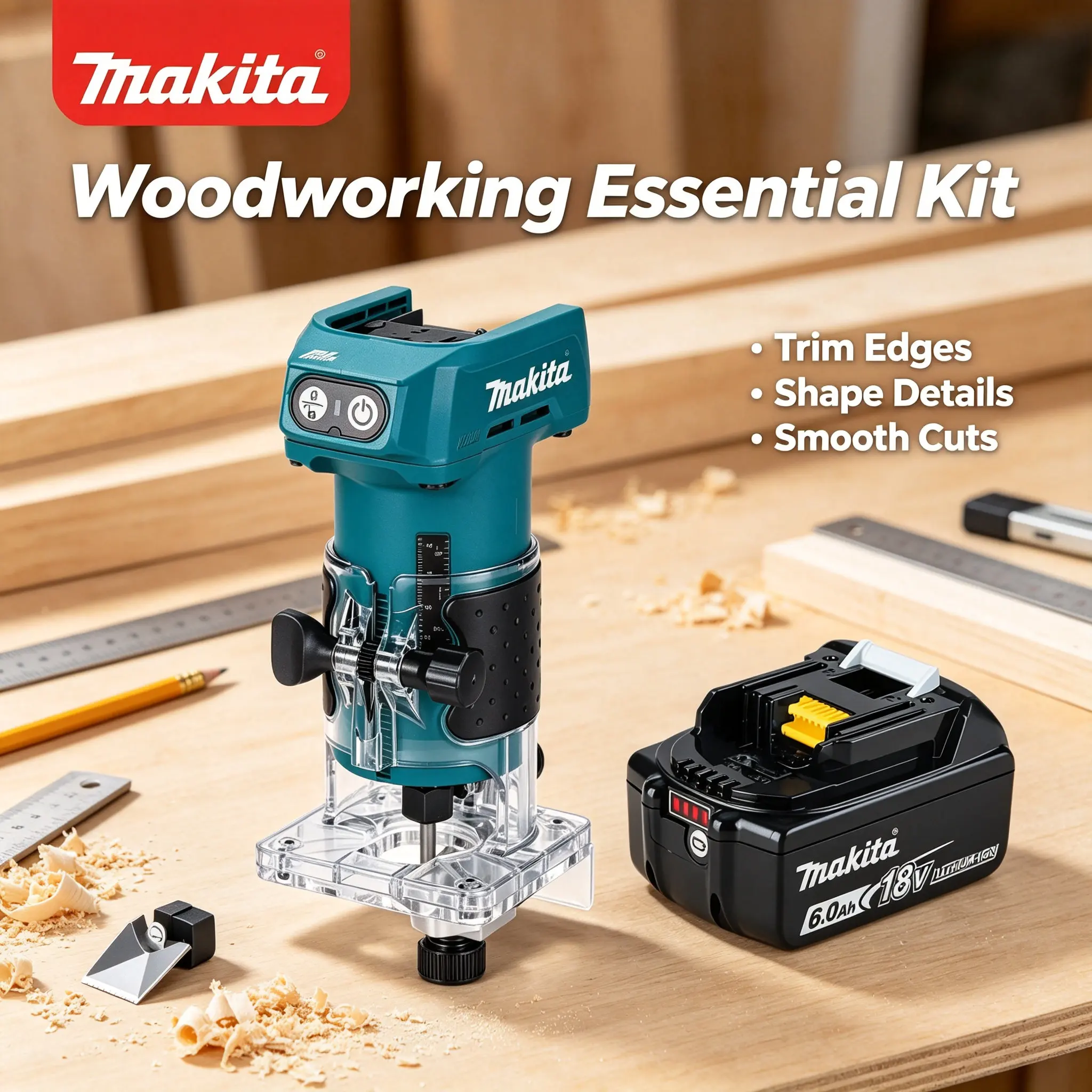 Benutzerfreundlicher, kabelloser, kompakter 18-V-LXT-Akku-Handfräser Makita DRT52 für präzise Kantenbearbeitung, Rillenfräsen und Schlitzanfertigung – ideal für professionelle Holzbearbeiter und
