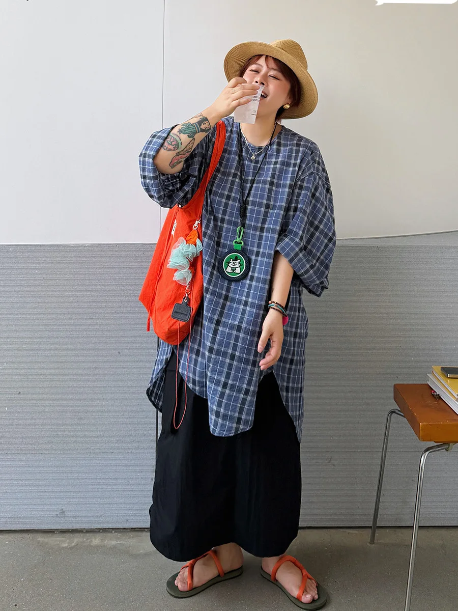 

Женская хлопковая рубашка-поло в клетку в корейском стиле, новинка 2026 года, повседневная, средней длины, с круглым вырезом, от Mushroom Head Miss