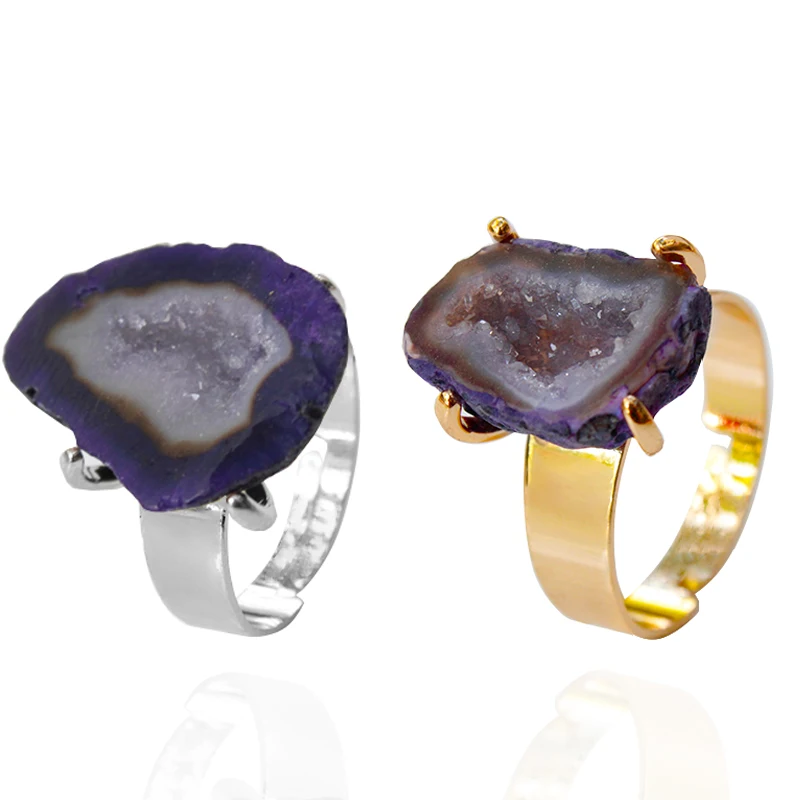 Irregular Geode Stone Ring Gold Plated Boho Dyed Purple Agate Finger Jewelry for Women Men Party Wedding