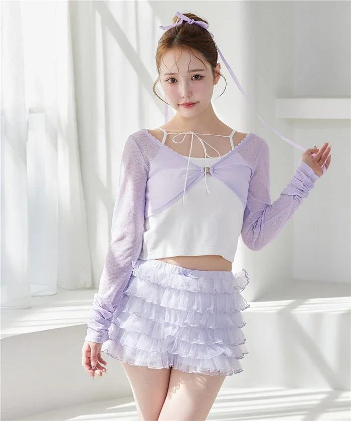 ฤดูร้อนญี่ปุ่น 2 ชิ้นชุดผู้หญิง 2025 ใหม่Lace-Up Suspendersเสื้อกั๊ก + หัวเข็มขัดแขนยาวครีมกันแดดCardiganเสื้อยืดCrop Top