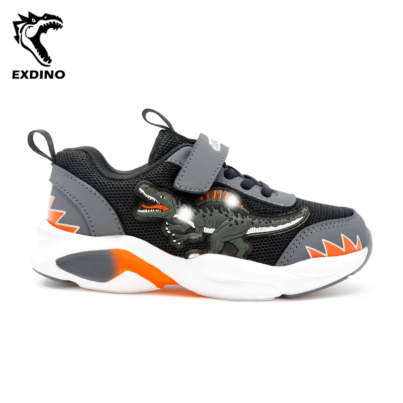 EXDINO Children LED Dinosaur Mesh Autumn Light Up Training Shoes Little Boy Spinosaurus Kids Flashing Sports Sneakers Breathable