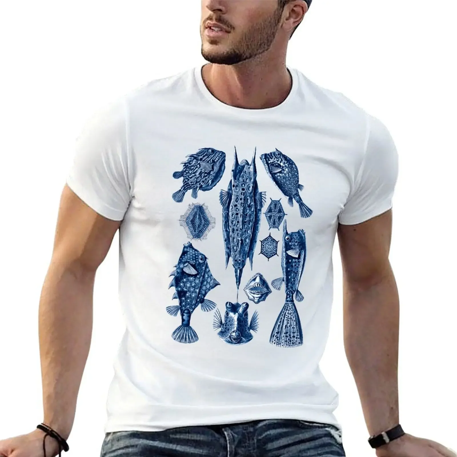 

Ernst Haeckel Ostraciontes Boxfish Dark Blue T-Shirt oversized summer top tops mens big and tall t shirts