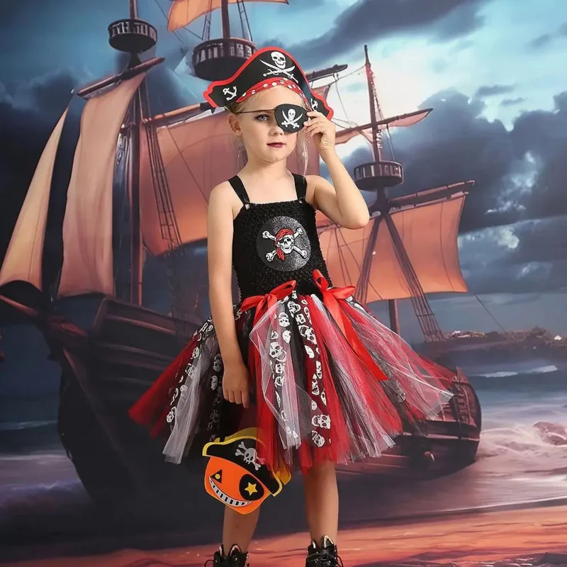 Halloween Children Pirate Role Playing Costume COS Caribbean Pirate Makeup Ball Girls Tutu Dress with Hat Bag