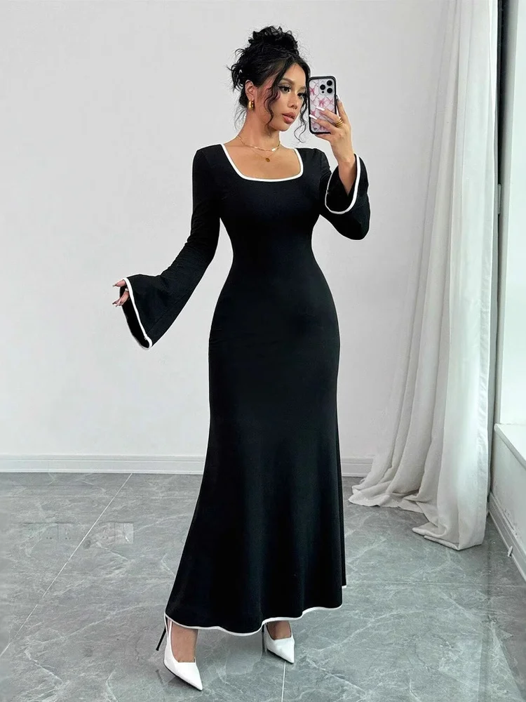 

Ele Long Slimming Dr Square Collar Color Blo Korean Sle с высокой талией Bell Sve Par Dr для женщин