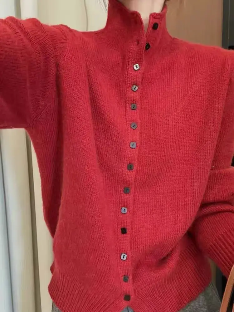 2025 Autumn/Winter 100% Wool Knit Cardigan Sweater Women Half-turtleneck Coat Female Long Sleeve Tops Korean Fashion New Jacket