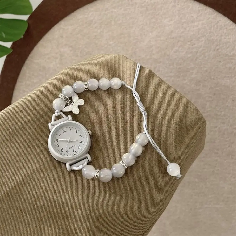 Fashion Elegant Bracelet Watch Butterfly Pendant Beaded Chain Watch Adjustable Quartz Watch for Women Girls
