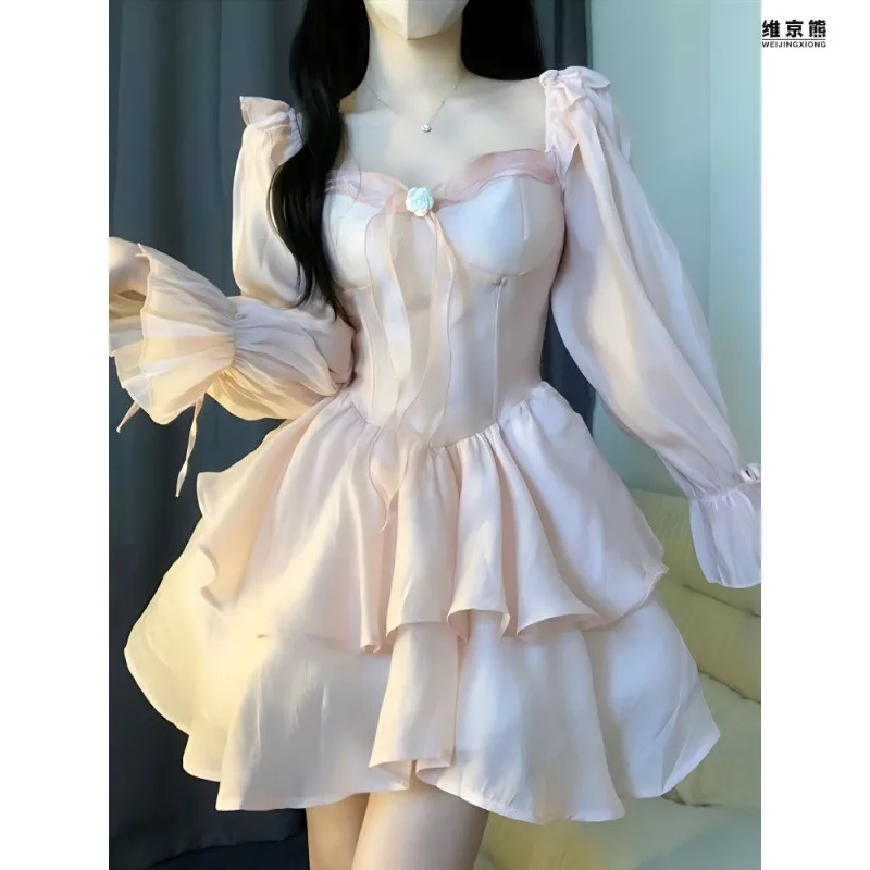 

Fairy Dress Pink Super Immortal Dropping Feeling Snow Spinning Fluffy Skirt Bowtie Gentle Bra Dresses for Women Summer