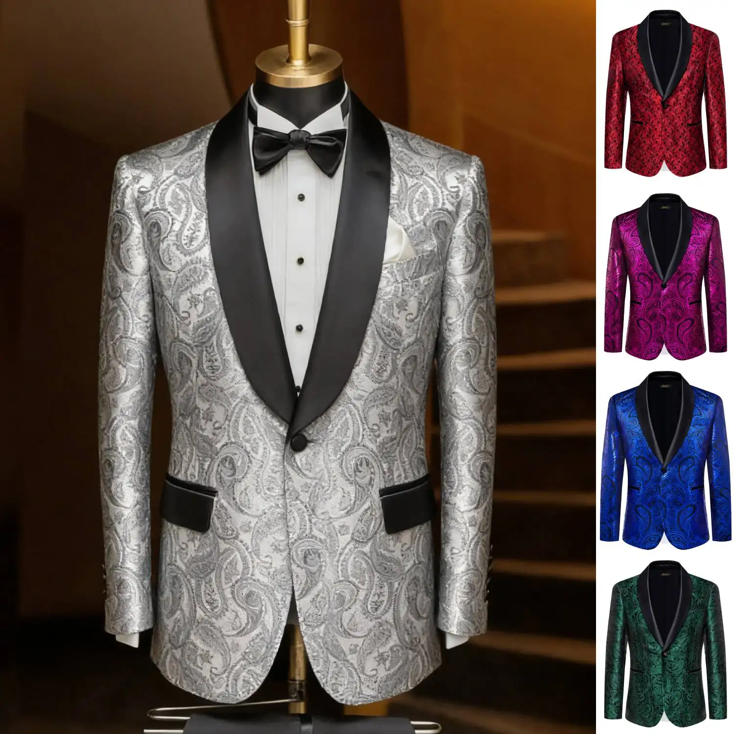 

Мужской пиджак серебристого и многоцветного цвета с принтом пейсли и черным атласным лацканом для официальных мероприятий на свадьбу