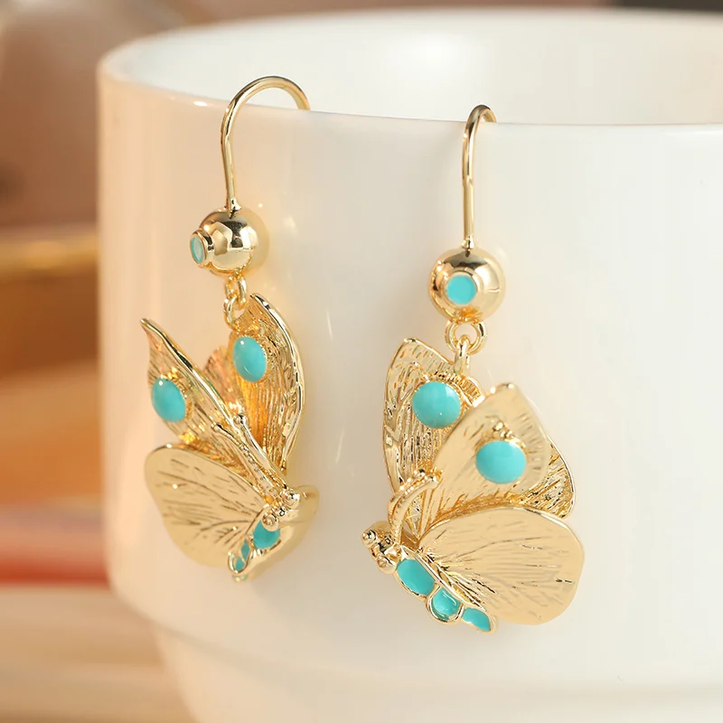 Ladies' Vintage Texture Butterfly Pendant Earrings Blue Synthetic Turquoise Embellishment Rustic Fresh Style Earrings Jewelry view 3