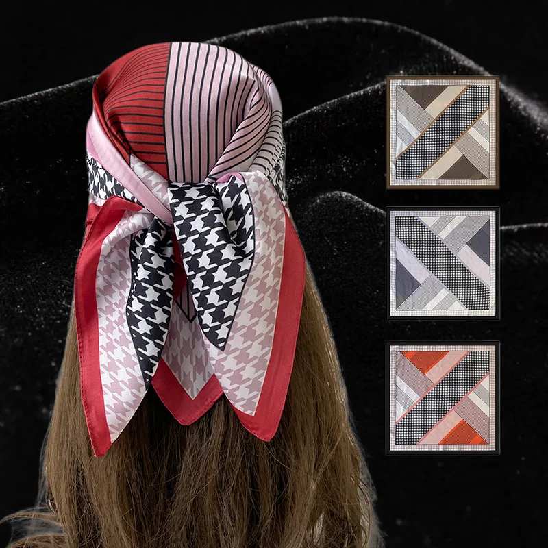 Luxury Satin Square Scarf Women's Vintage Geometric Houndstooth Plaid Patchwork Turban Headscarf Neck Wrap 3 Colors