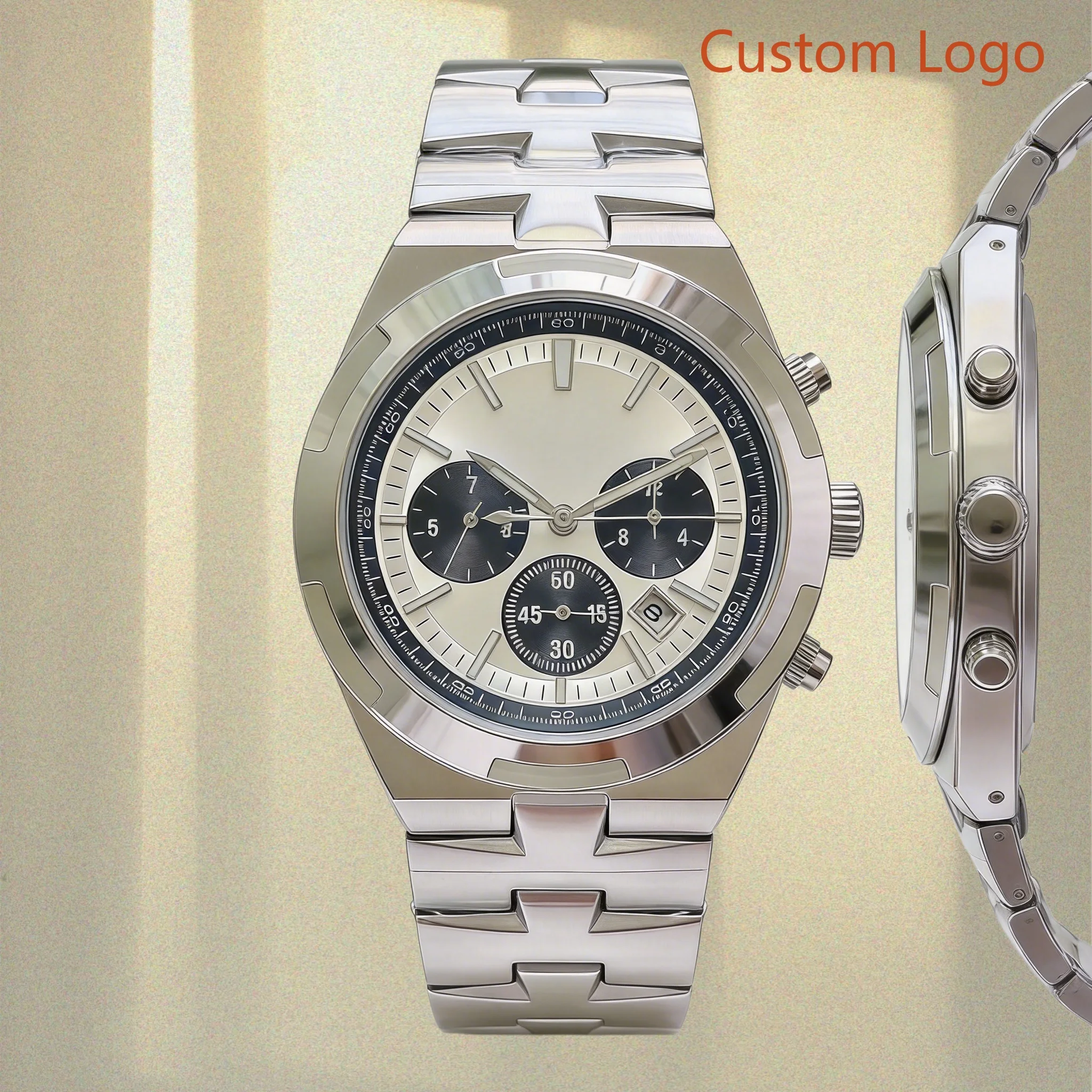 Classic Luxury Sports Mens Stopwatch Wristwatch Octagonal Polished Bezel Contrast Panda Dial Multifunction Timer Calendar Display Solid Integrated Stainless Steel Link Band  Customized Watches