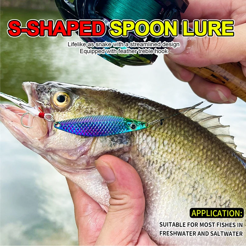 Metal Spoon Fishing Lure Leech Spinners Spoon Lures Artificial Sequins Hard Bait with Feather Hook Trout Bass Tackle S-Type Lure