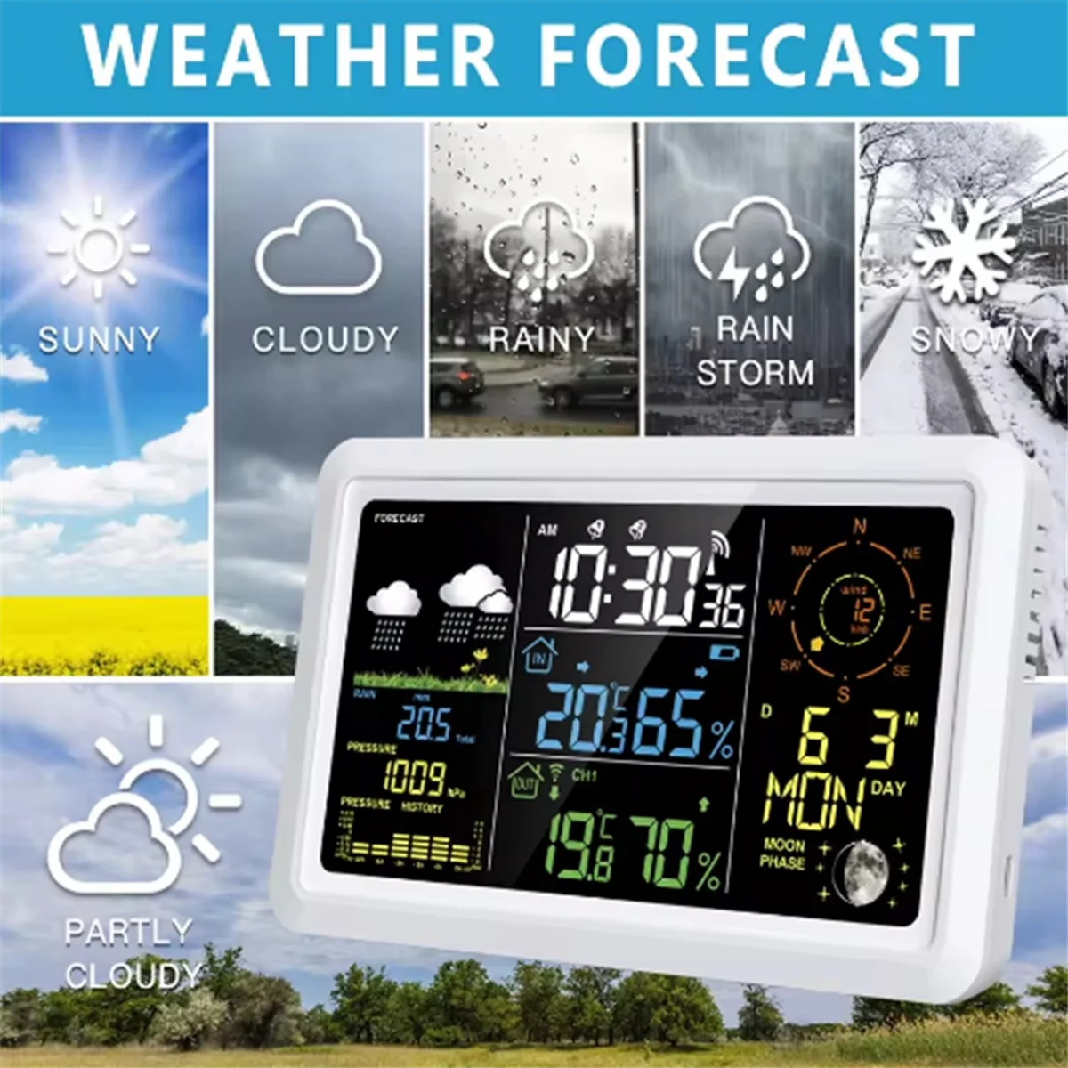 A002 7.5In LCD Screen Weather Station with Outdoor Sensor Indoor Outdoor Thermometer Wind Speed and Direction Moon Phase(EU)