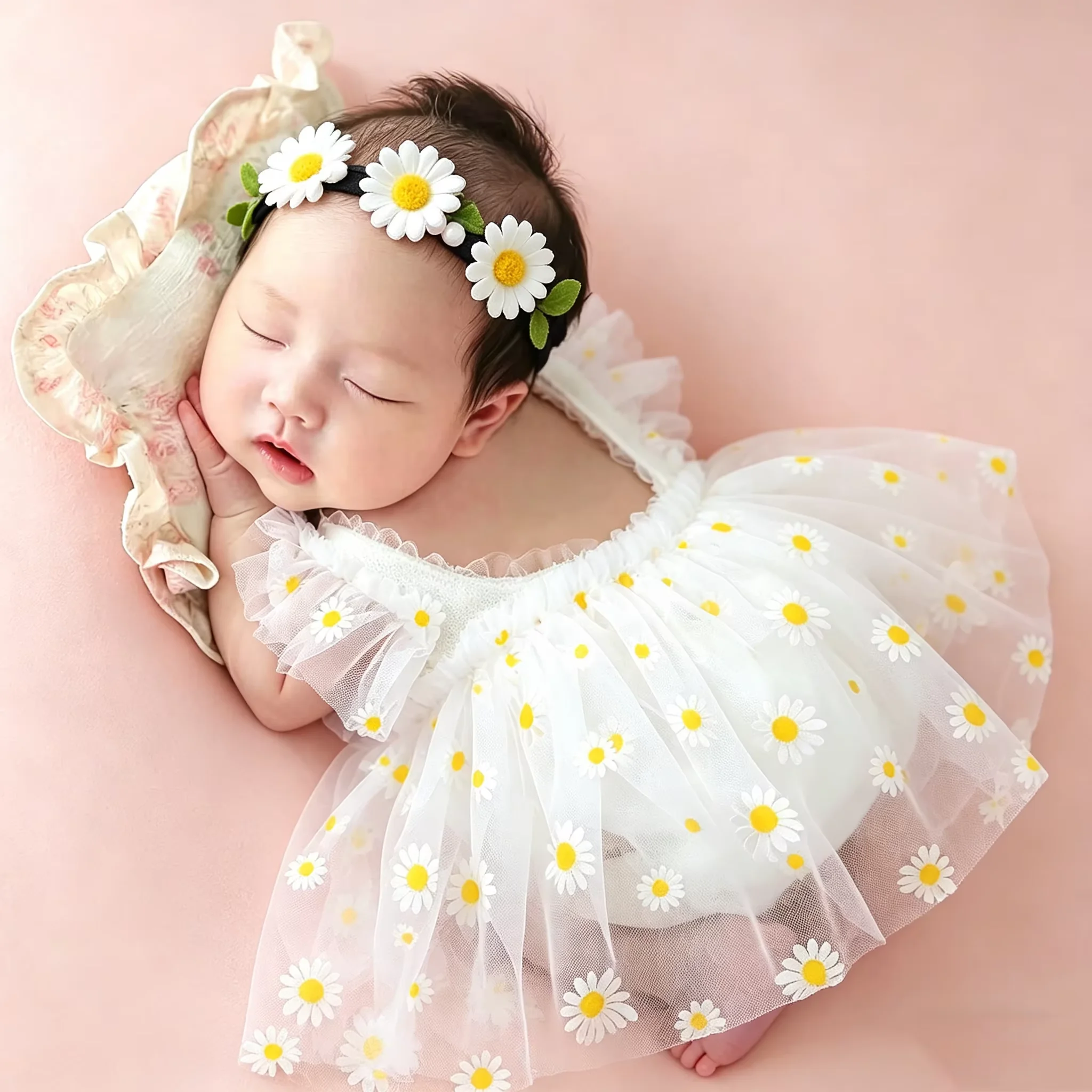 Ylsteed Newborn Girl Photoshoot Outfits Baby Girl Mesh Dress Romper with Headband One Hundred Days Infant Picture Outfits Props
