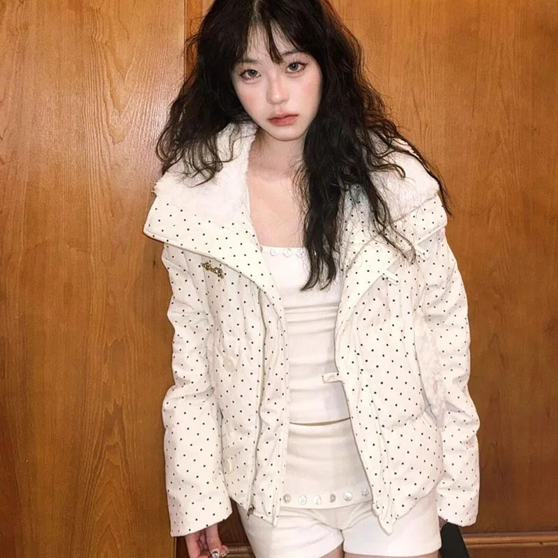 Women Polka‑Dot Sweet Cropped Fuzzy Fleece Lapel Padded Coat Lady Student‑Style Winter New Thick Warm Short Cotton Outerwear