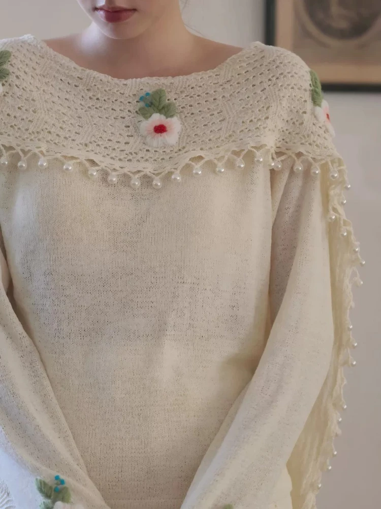 96cm Bust Autumn Pullovers Sweaters Women French Elegant Pussy Bow Hand-Embroidered Hollow-Knit Creamy White with Pearl Tassels