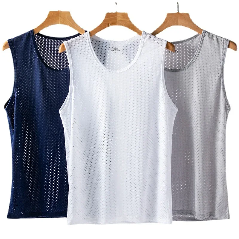 

Men Tops Ice Silk Vest Outer Wear Quick-Drying Mesh Hole Breathable Sleeveless T Shirts 2023 Summer Cool Vest Beach Travel Tanks