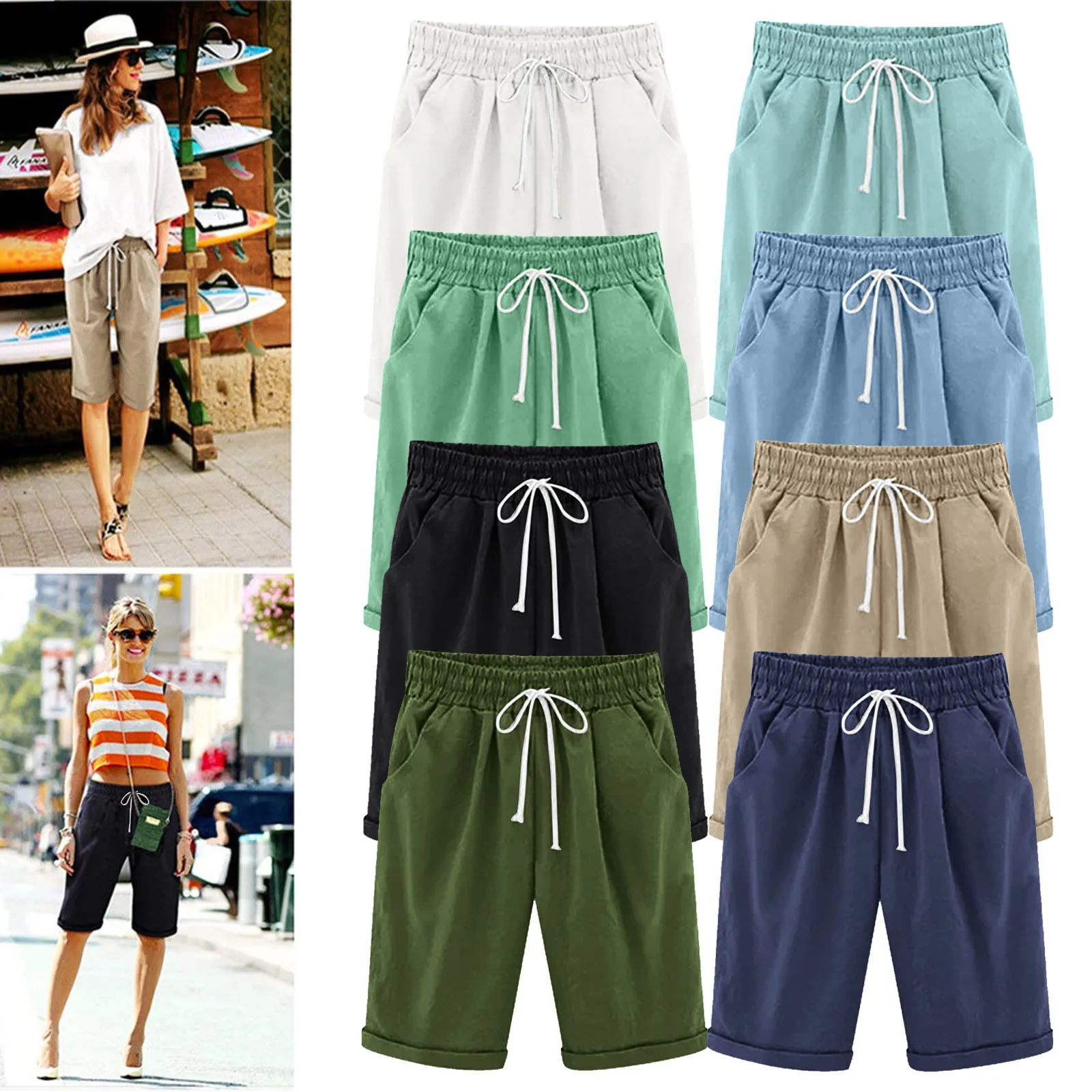 

Summer Shorts Women Drawstring Elastic Five Point Pants knee length bermuda shorts For Women Bermuda Casual Shorts