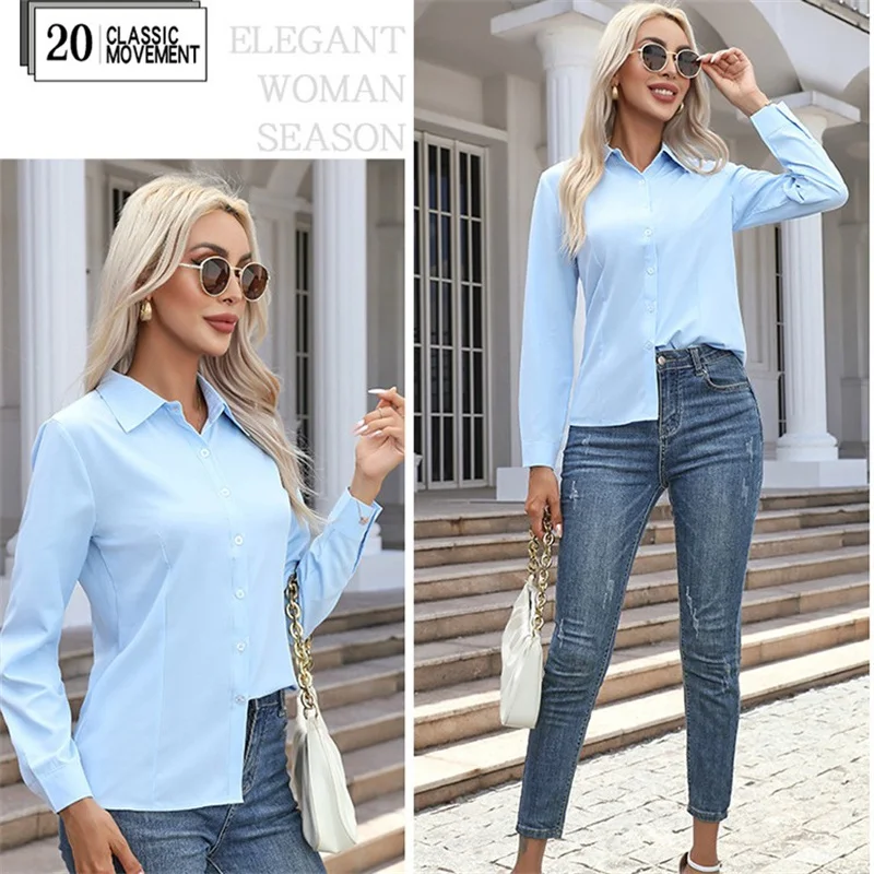 Women Spring Autumn Style Blouses Shirts Lady Casual Long Sleeve Turn-down Collar Solid Color Blouse Tops