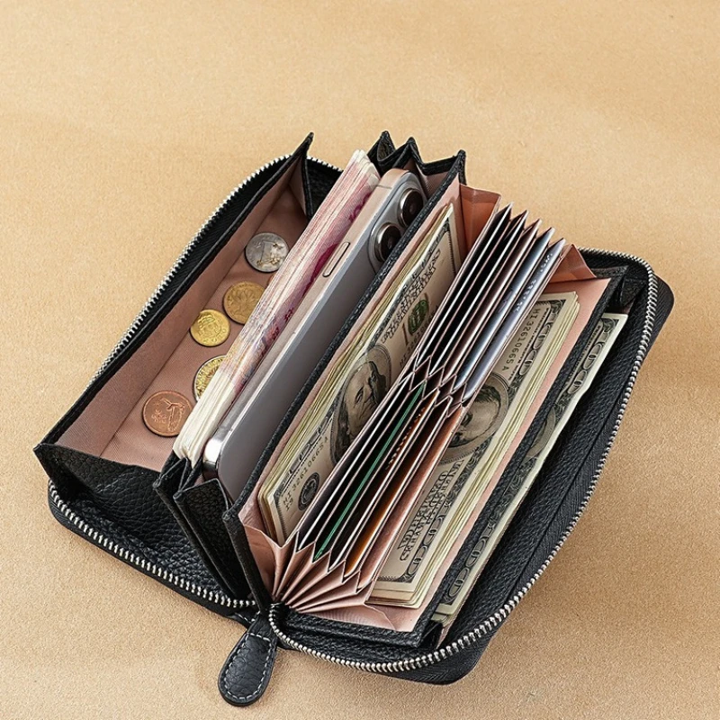 Genuine Leather RFID Long Wallet Phone Bag Cowhide Coin Purse ID Credit Card Organ Card Holder Large Capacity Holder For Women C