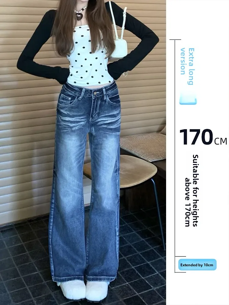 

High Waist Flared Jeans Women's Spring Autumn Extended American Retro Blue Waed Floor-Length Pants Loose Fit Casual Wear