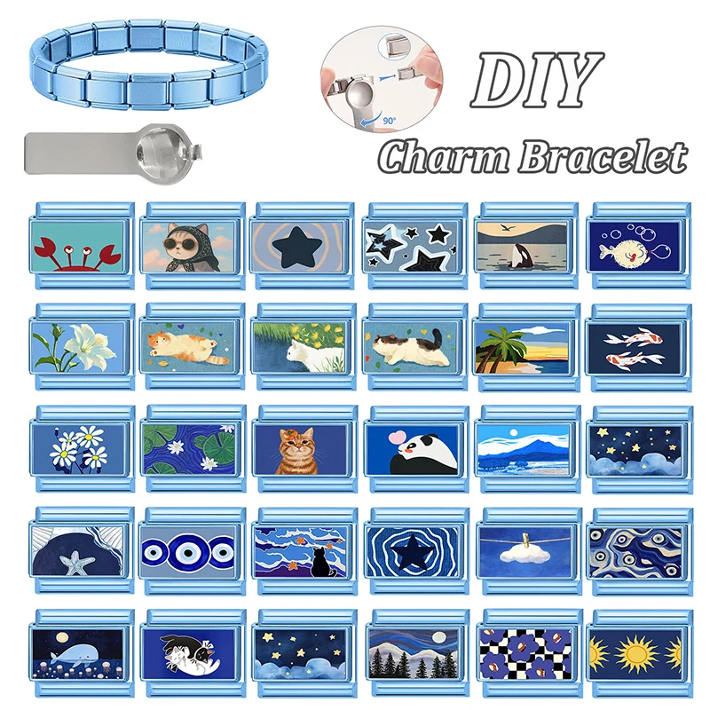 Creative Y2K Blue Series Charm Cloud Star Starfish Whale Cat Flowers Italian Links Fit 9MM Stainless Steel Bracelet DIY Making