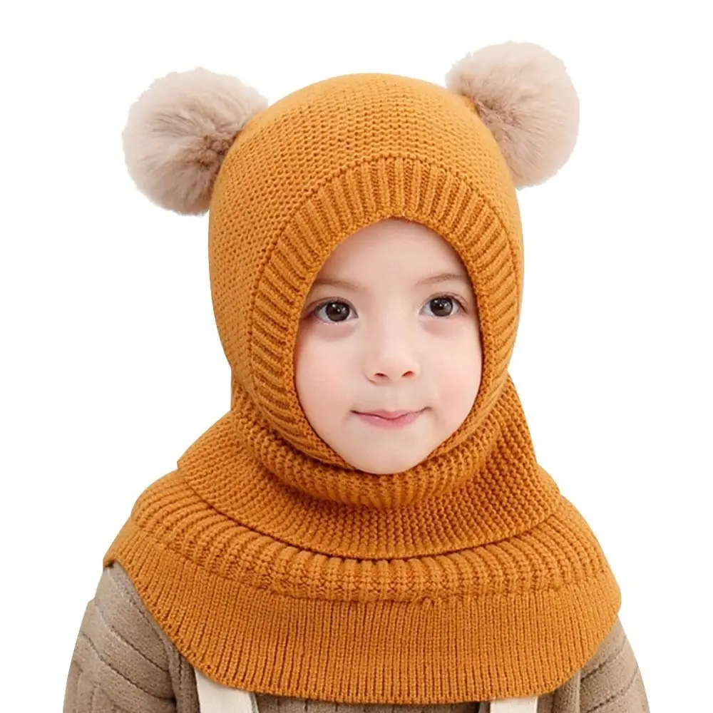 Breathable Warm Hats Two Ball Ear Protection Caps Autumn and Winter Baby Knitted Hat Windproof Head Full Face Neck Cover