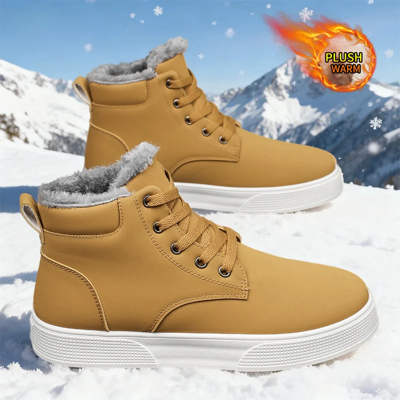 

Men's High-Top Casual Sneakers (Khaki/Black) - Outdoor Hiking Training, Contrast-White Sole, Winter Fleece-Lined