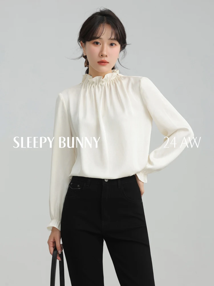 

Elegant French Style Pleated Ruffle Collar Blouse Women Satin Shirt Draped Shoulder High-End Chic Versatile Long Sleeve Top