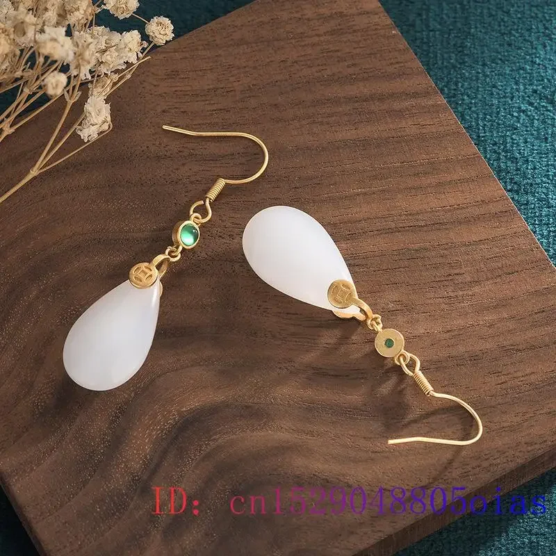 

White Jade Water drop Earrings Gemstone Gifts Amulet Jewelry Chalcedony Charm 925 Silver Zircon Women Natural Crystal Fashion