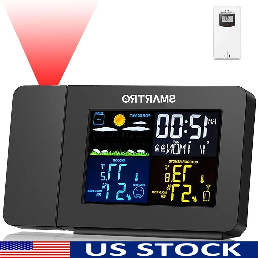 

Projection Alarm Clock Wireless Weather Station Indoor Outdoor Thermometer Temperature Humidity Monitor Dual Alarms Snooze