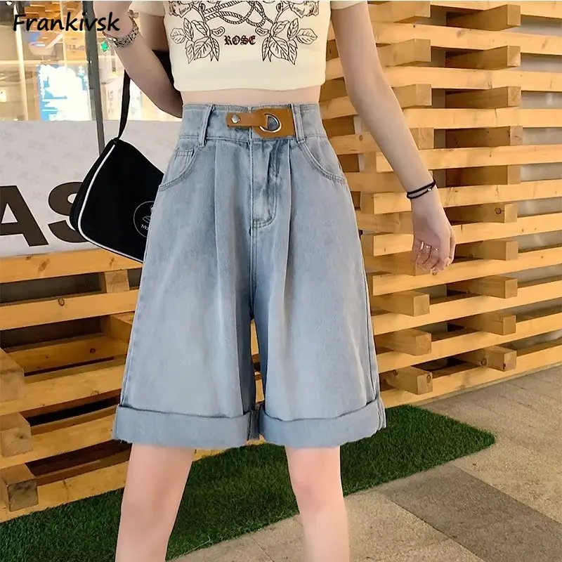 

Loose Shorts Women Summer Cuffs Pleated European Style Elegant Leisure Fashion Streetwear Simple All-match Trousers Knee Length