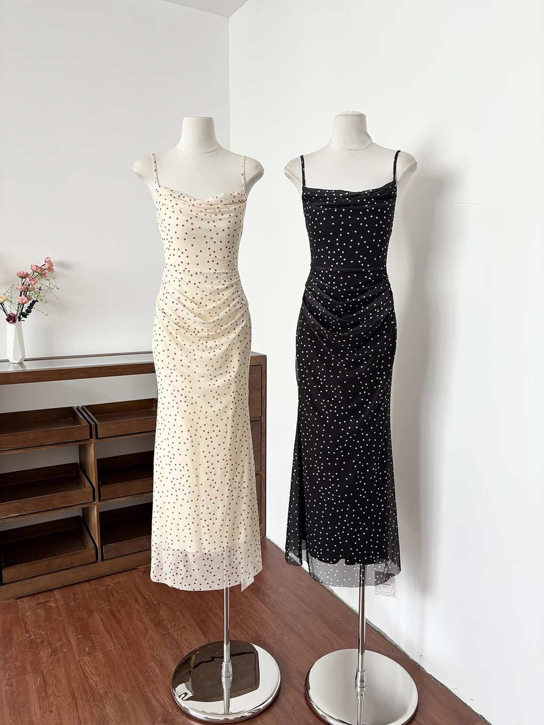 

Summer Slim Fit Belted Polka Dot Long Dress Elegant Commute Style Strapless Dress Flattering Neckline Workwear Polyester Fiber