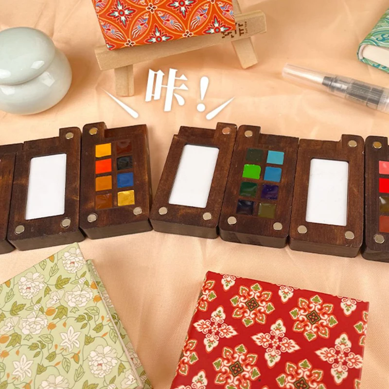 Wooden Box Watercolor Paint 8 Colors Walnut Color Mini Solid Watercolor Dispenser Paint Boxes