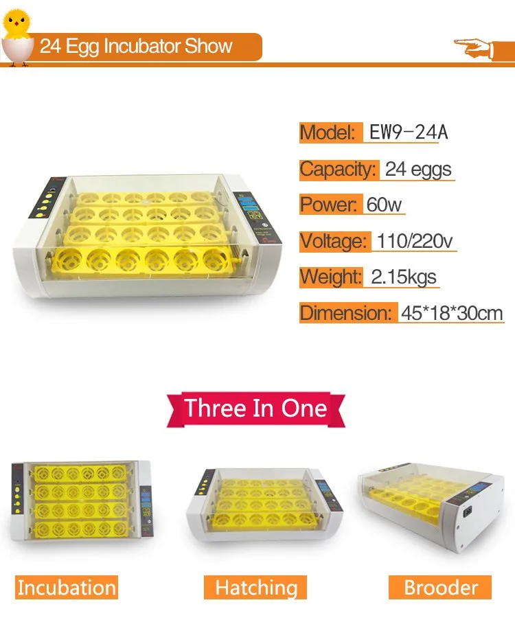 Widely use for EW9-24A with two fans birds egg incubator small scale 24 duck egg incubator