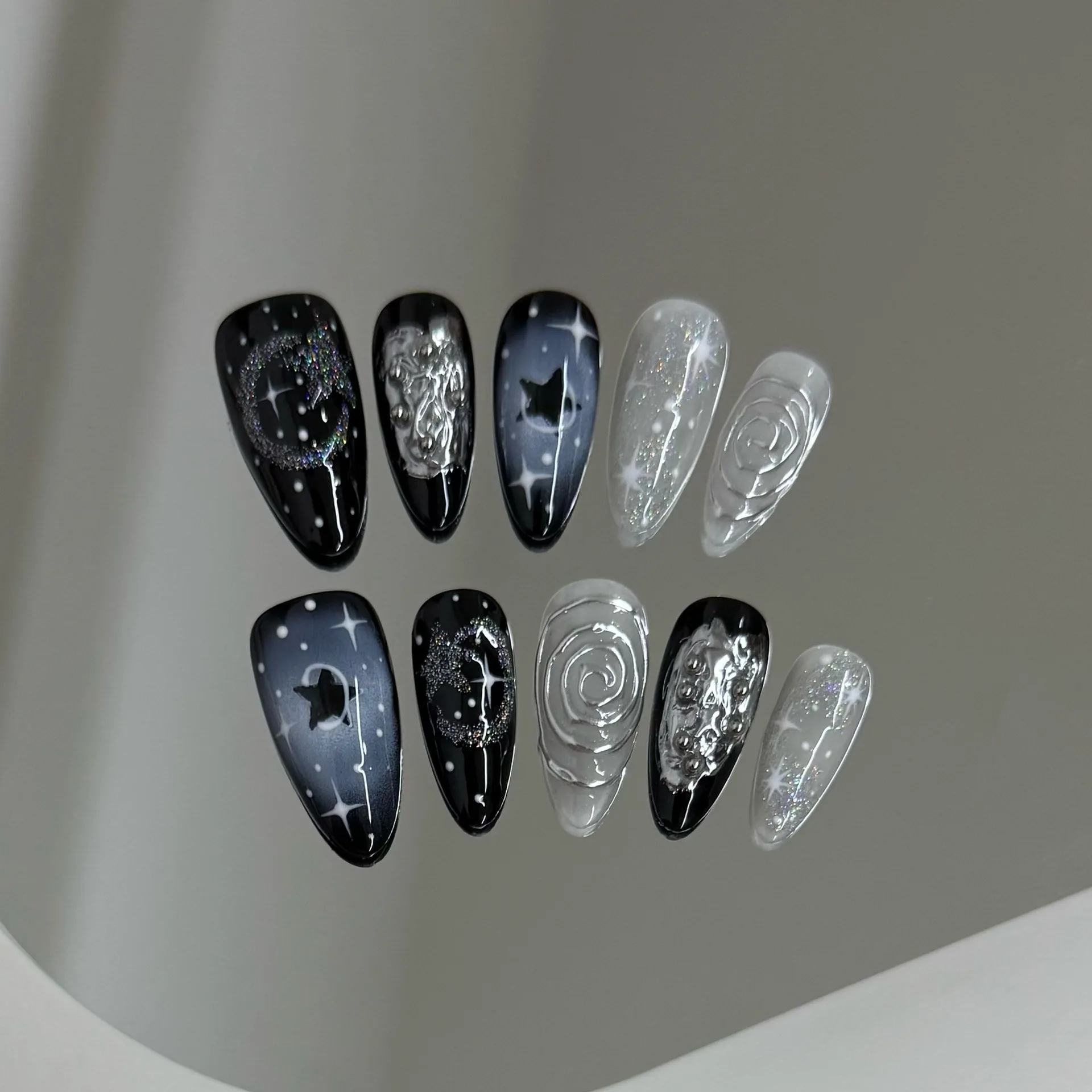 10PCS Handmade Dark Almond Press on Nails Shiny Black Stars Fake Nails Metallic Silver Wearable French Manicure for Spice Girls