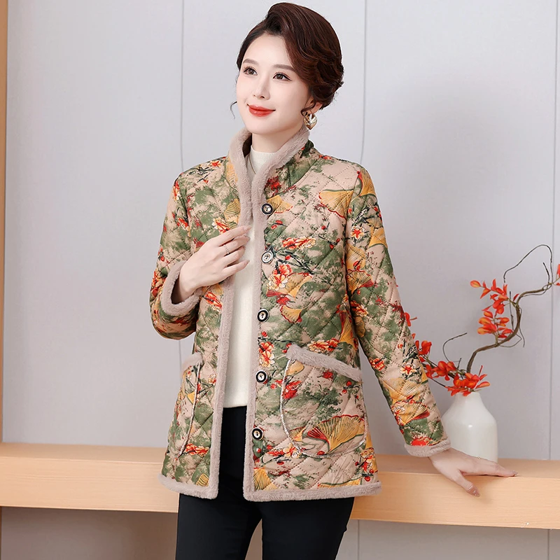 Vintage Cotton Coat Thickened Padded Jacket Women's Winter Fleece Traditional Design Ladies Outerwear