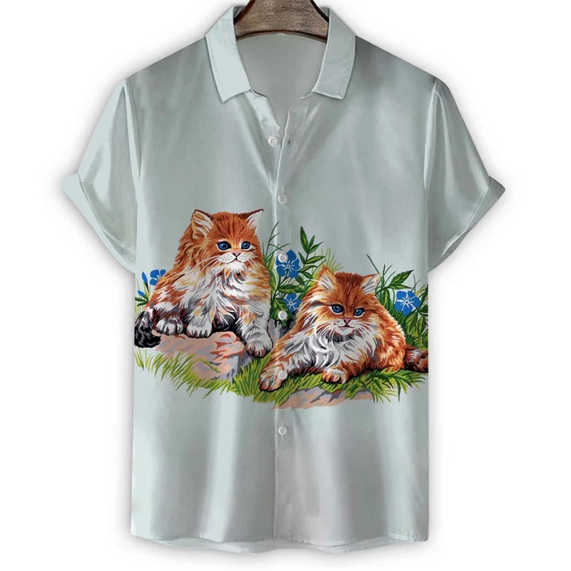 

Retro 3d Print Cats Hawaiian Shirt Summer Animal Pattern Short Sleeve Tees Oversized Button Shirts Men Tops Street Lapel Blouse