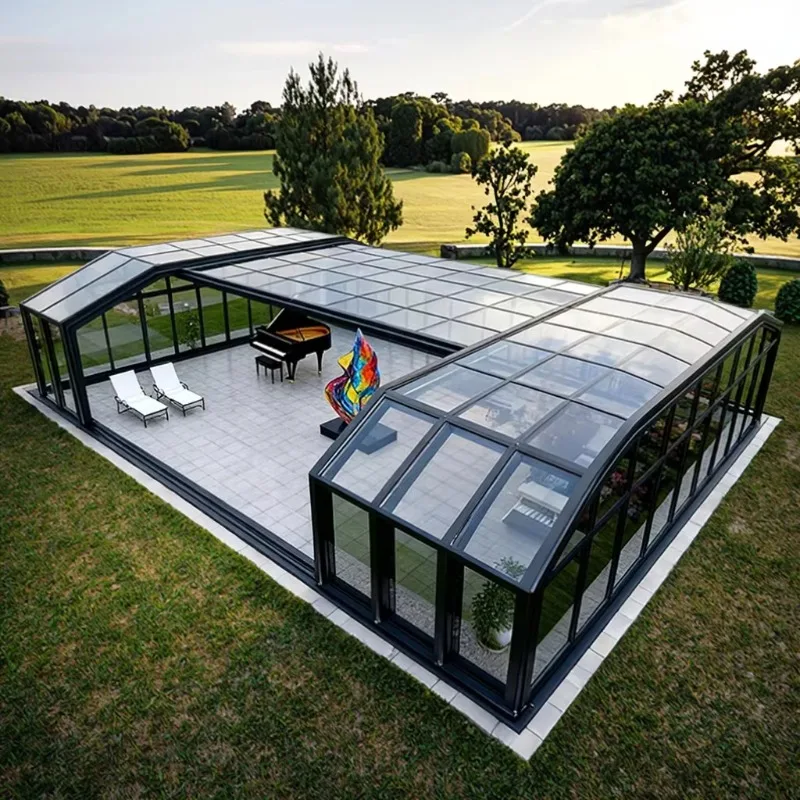Fully Automatic Retractable Aluminum Sunroom With Large Glass Panels And Waterproof Sliding Roof For Swimming Pool