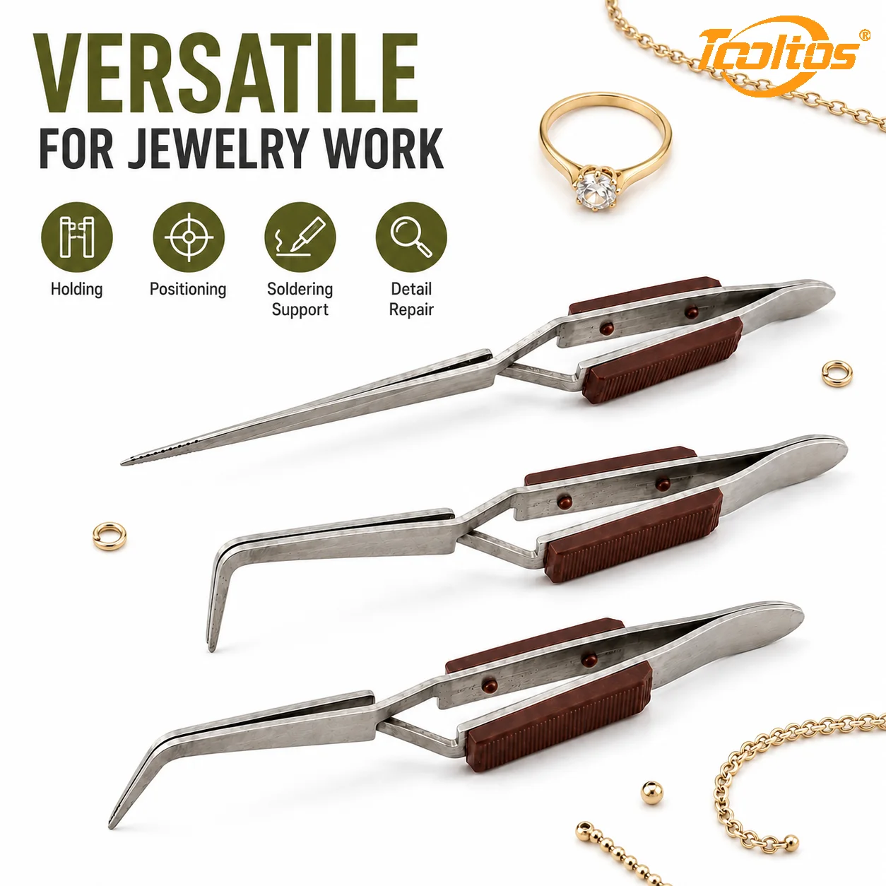 TOOLTOS 3PCS Self Locking Jewelry Tweezers Set Straight Angled Right Angle Soldering Pliers for Ring Repair Jump Ring Making Precision Work