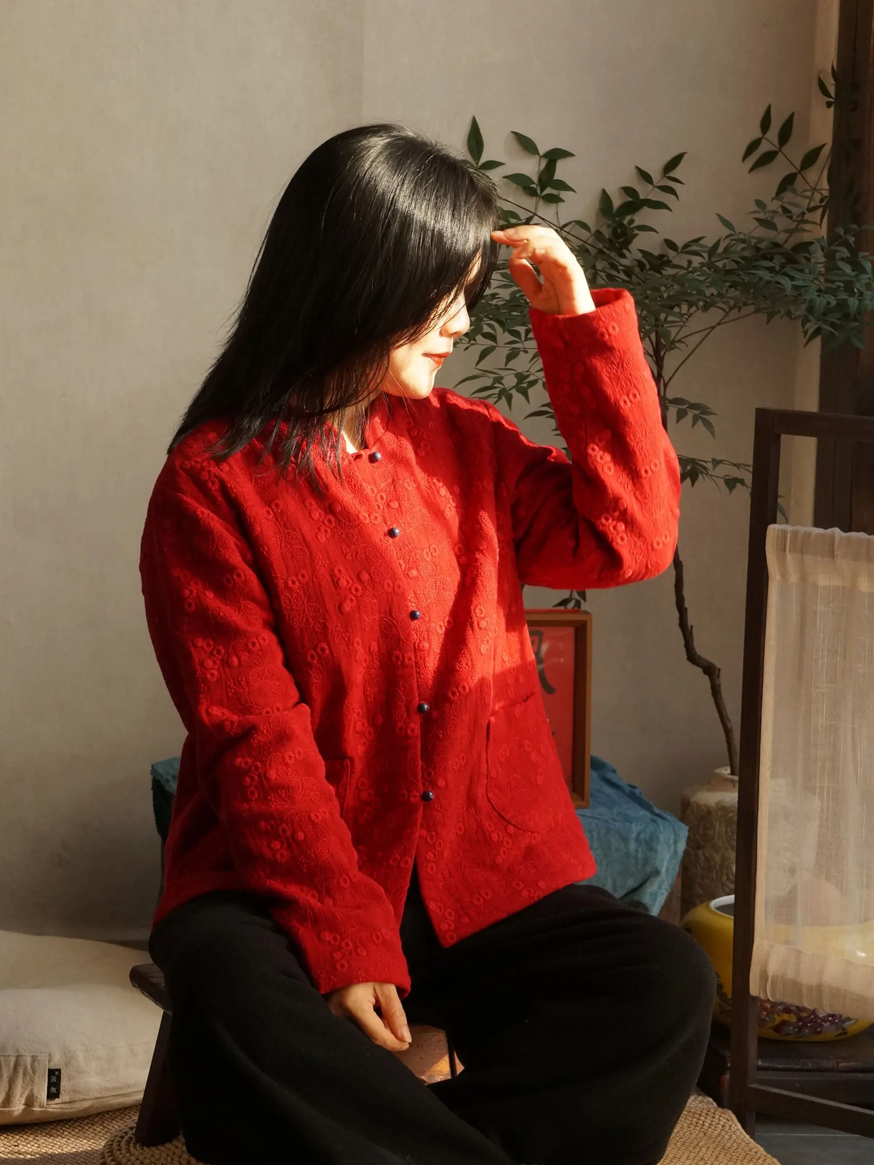 

Red Embroidered Linen Thin Cotton Jaet Women's Spring New Year Chinese Sle Clothing Loose Fit Long Sve round Ne Top