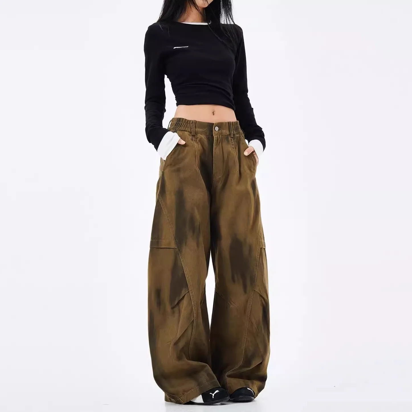 

Retro trendy brand design pleated dirty dyed overalls men's and women's street American niche loose casual old pants
