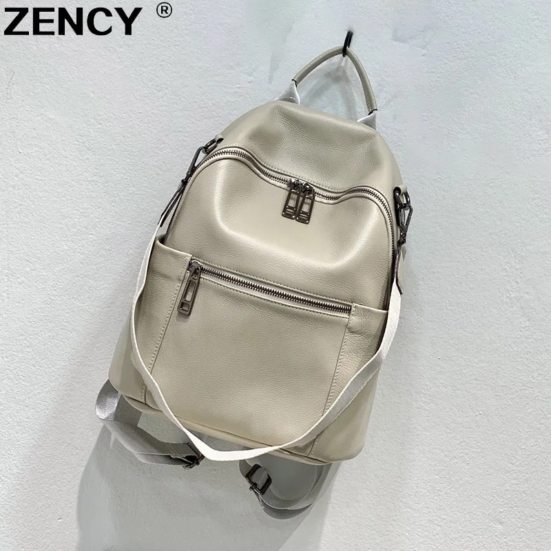 ZENCY Nature High Quality 100% Genuine Leather Calfskin Women Backpacks Top Layer Cowhide School Book Backpack One Shoulder Bags