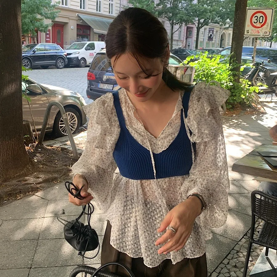 Korean Style  Floral V-Neck Chiffon Cover up Blue Strap Vest Atmosphere Feeling Layering Two-Piece Set Women's Fashion